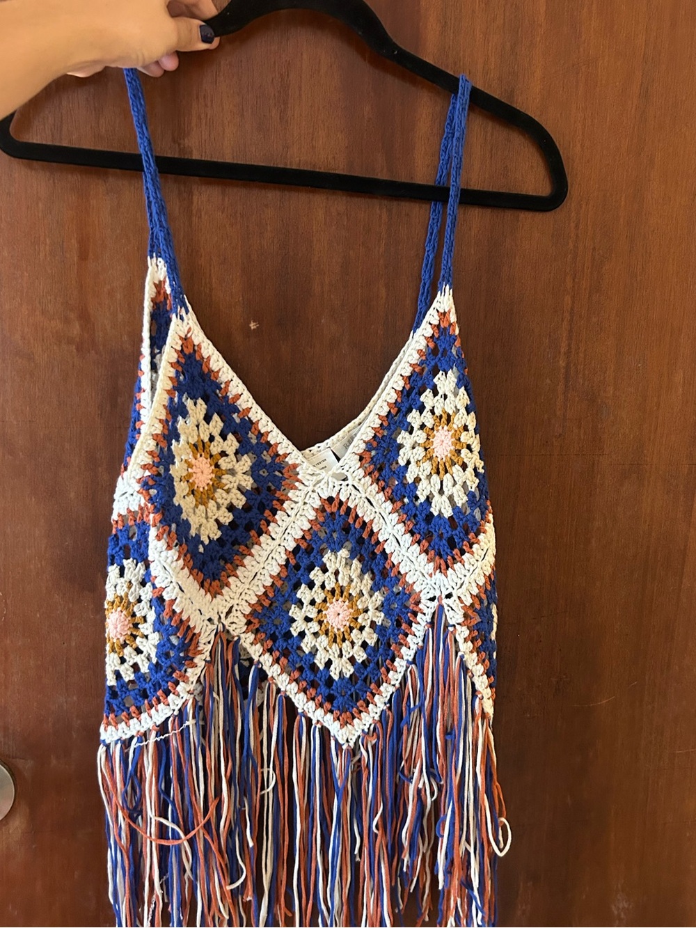 Rebellion Crochet Tank Top in Cream, Blue, Rust & Mustard